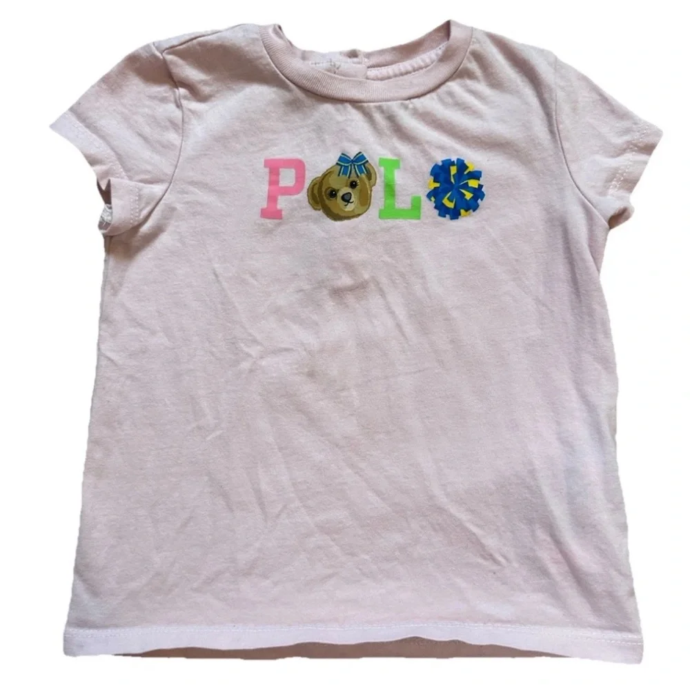 Ralph Lauren 18 Month Girl’s Shirt Polo Logo With Bear Pale Pink 3 Buttons Back